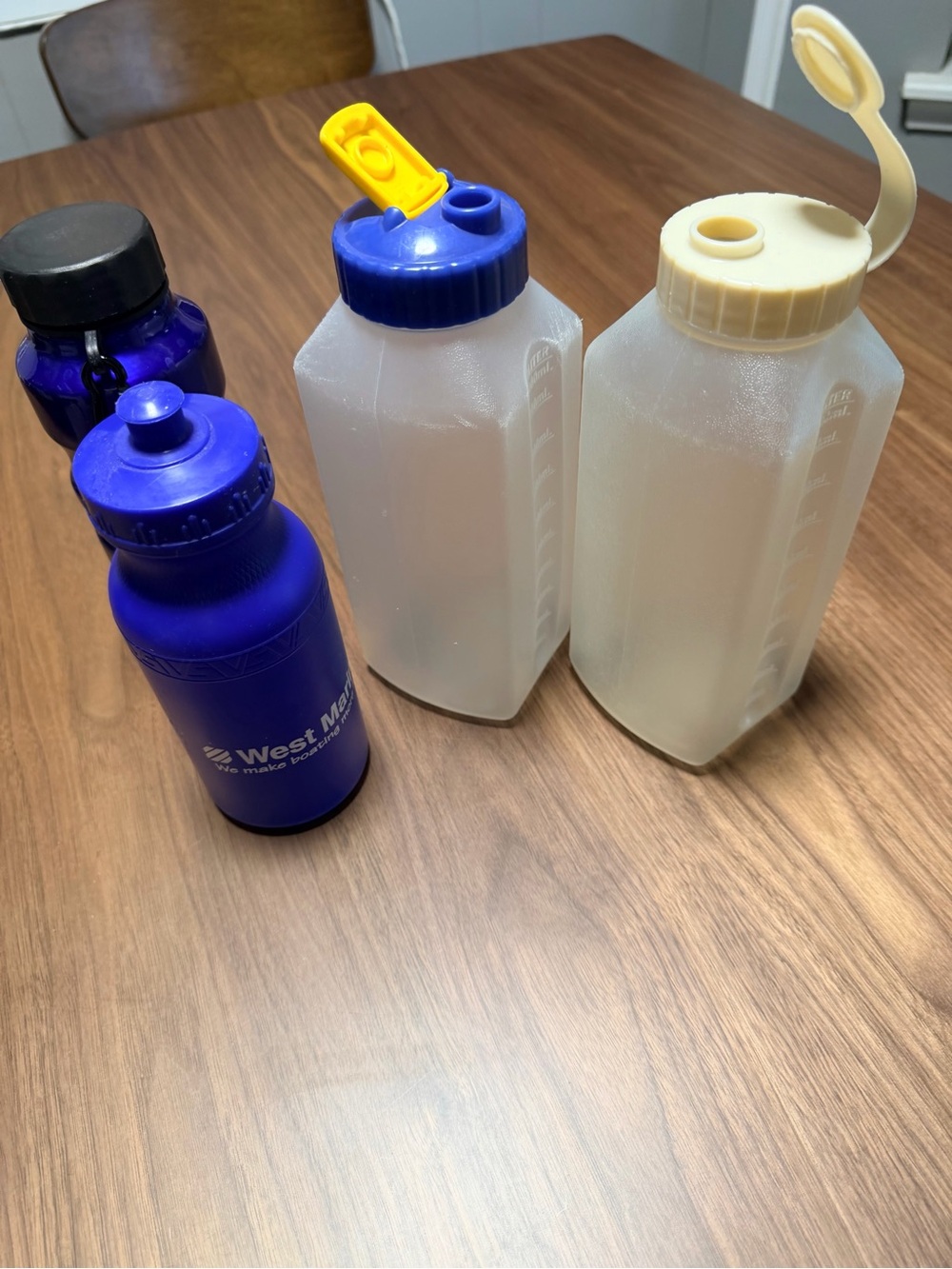 Blue Sports Bottle + Two Clear 1Litter Rubbermaid Wide-Mouth Fuel Jugs + 1 more